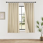 KangBang Thermal Blackout Curtains 63 Inch Length for Bedroom, Back Tab Loop Pocket Pleated Linen Woven Textured Curtains, 100% Light Blocking Drapes for Living Room(W52xL63,2 Panels,Natural Beige)