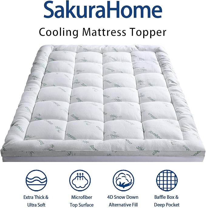Mattress Topper Twin Size, Cooling Extra Thick Breathable Viscose Made from Bamboo Mattress pad, Soft Quilted Fitted Mattress Cover with 1000 GSM Down Alternative Fill (8-21”Deep Pocket)