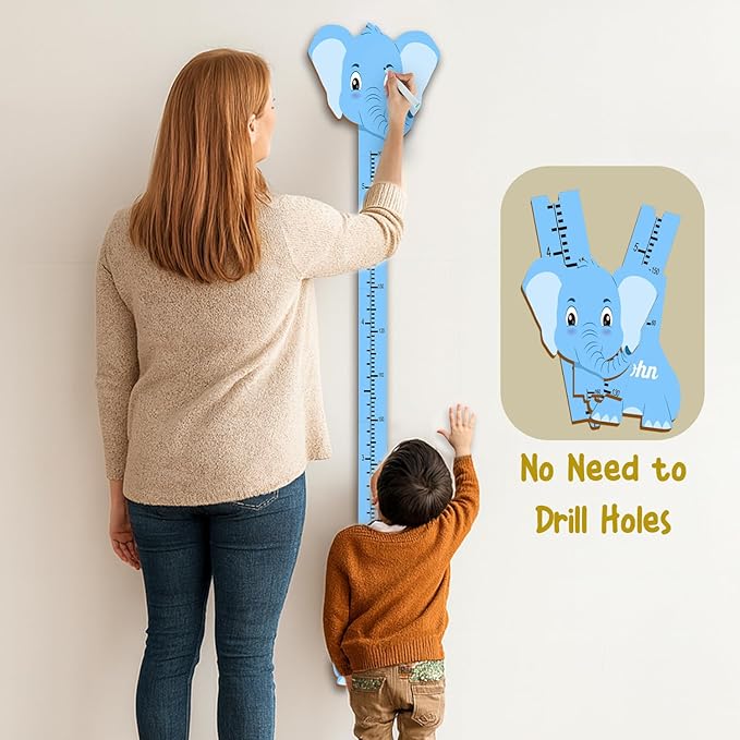 Personalized Growth Chart for Wall, Wooden Height Chart for Kids, Cute Height Measurement for Child/Girls/Boys, Baby and Toddler's Playroom/Kid's Room/Nursery Decor, Elephant