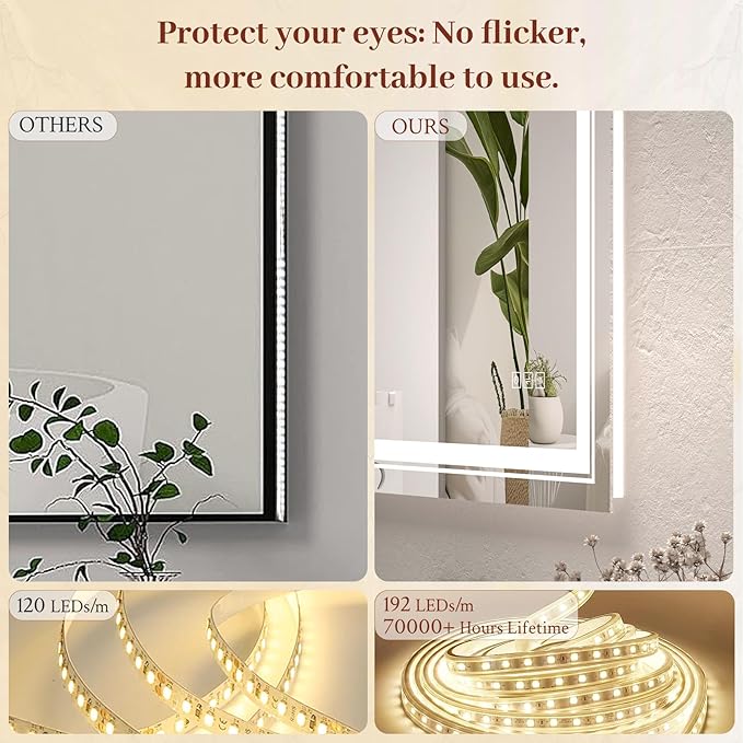 48x36 LED Mirror for Bathroom with Front and Backlit Light Up Digital Mirrors for Wall,Anti Fog,Stepless Dimmable,Tempered Silver Glass Smart Vanity Mirror for Bathroom