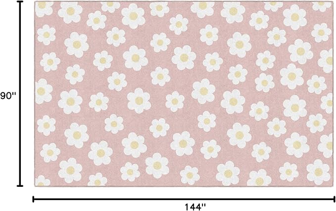 Flagship Carpets Schoolgirl Style Retro Daisies on Pink Educational Area Rug for Kids Room Seating Décor, Children's Classroom, Play Carpet for Teaching and Playroom, 7'6 "x 12'