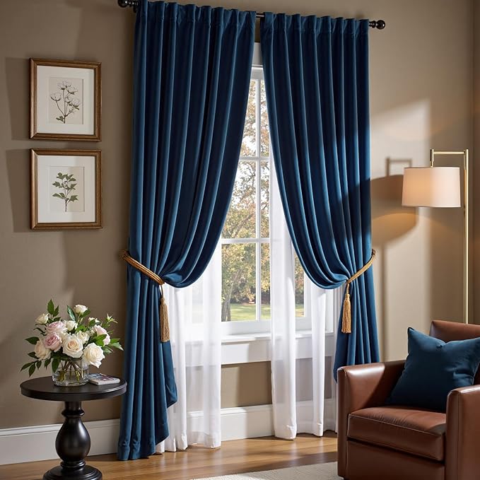 Lazzzy Velvet Blackout Curtains Thermal Insulated Room Window Drapes Super Soft Luxury Curtains for Living Room Bedroom Rod Pocket 2 Panels, Dark Blue, 52" W x 90" L