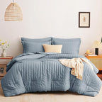 CozyLux Grayish Blue Full Size Comforter Sets with Sheets 7 Pieces, Dusty Blue Seersucker Bed in a Bag Textured Luxury Soft Bedding Set with Down Alternative Comforter, Sheets, Pillowcases & Shams
