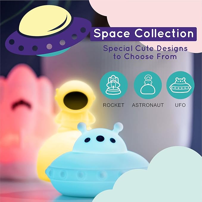 Lumipets Space Rocket LED Baby Night Light, Cordless, Touch Control, Soft Silicone Material, 8 Lulling Colors, Portable