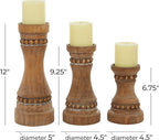 Deco 79 Wood Beaded Pillar Candle Holder, Set of 3 12", 9", 7"H, Brown