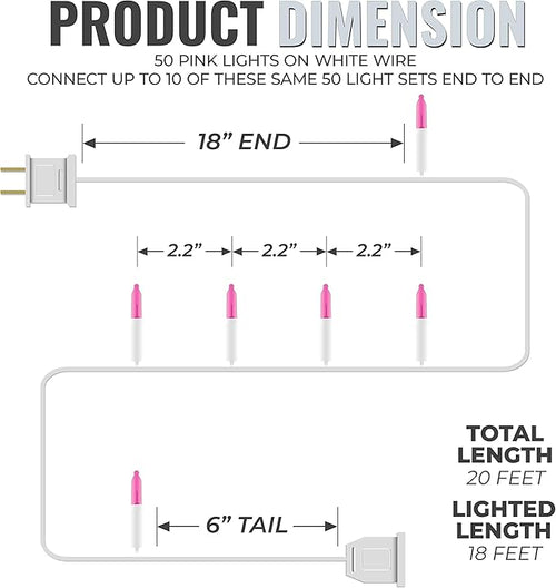 612 Vermont 50 Pink Christmas Lights on a White Wire String, UL Approved, Indoor and Outdoor Use, 9 Foot of Lighted Length, 11 Foot of Total Length