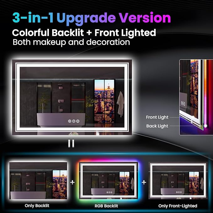 LED Mirror for Bathroom, 77"X36" with 8 RGB Backlit +3 Front Lit (Adjustable Individually), Anti-Fog, Large Lighted Bathroom Vanity Mirror for Wall,Shatterproof,Memory Function,Tempered Glass