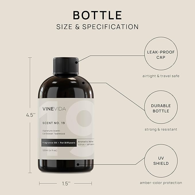 VINEVIDA [4 Fl Oz] Caribbean Teakwood Diffuser Oil - Hotel Fragrance Collection Diffuser Oil, Hotel Scent Diffuser - Fragrance Oil for Cold Air Diffuser - Hotel Oil Scents - Hotel Scent Home