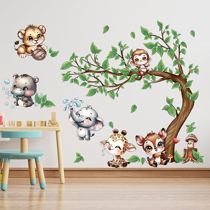 Jungle Animal Wall Stickers Forest Safari Wall Decals Kid Room Nursery Baby Bedroom Décor (Happy Animal Bending Tree)