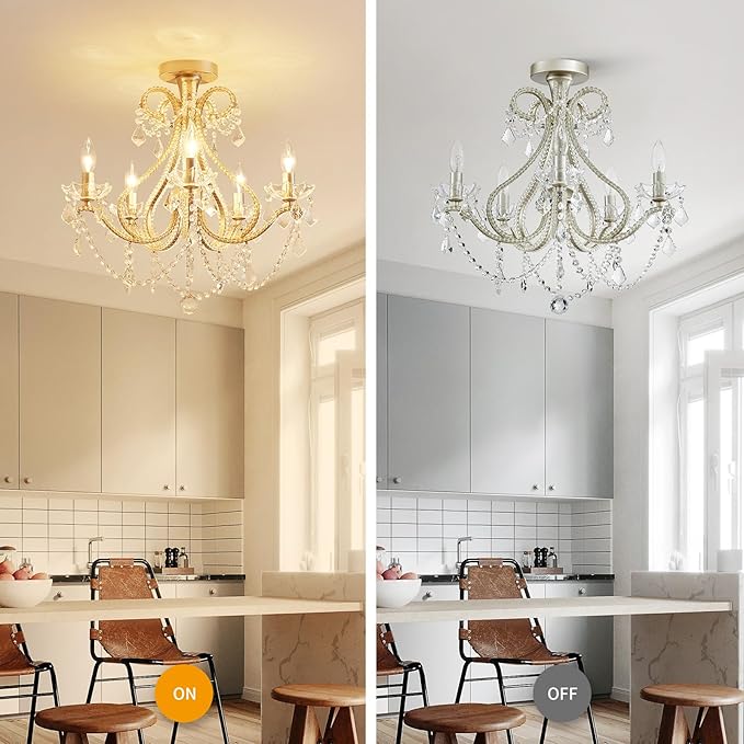 WUZUPS 5-Light Crystal Candle Chandelier Flushmount Ceiling Light Modern Lighting Fixture for Bedroom Hallway Bar Kitchen Bathroom, H 20.9" W 22", E12 Base, Brushed Nickel