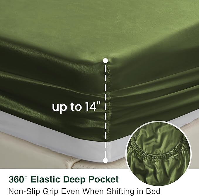 Love's cabin Satin King Sheet Sets - 4 Piece Sage Silky Sheets King Size Bed Set with Deep Pocket, Luxury Silk Feel King Size Satin Sheet Set (1 Flat Sheet,1 Fitted Sheet,2 Pillow Cases)