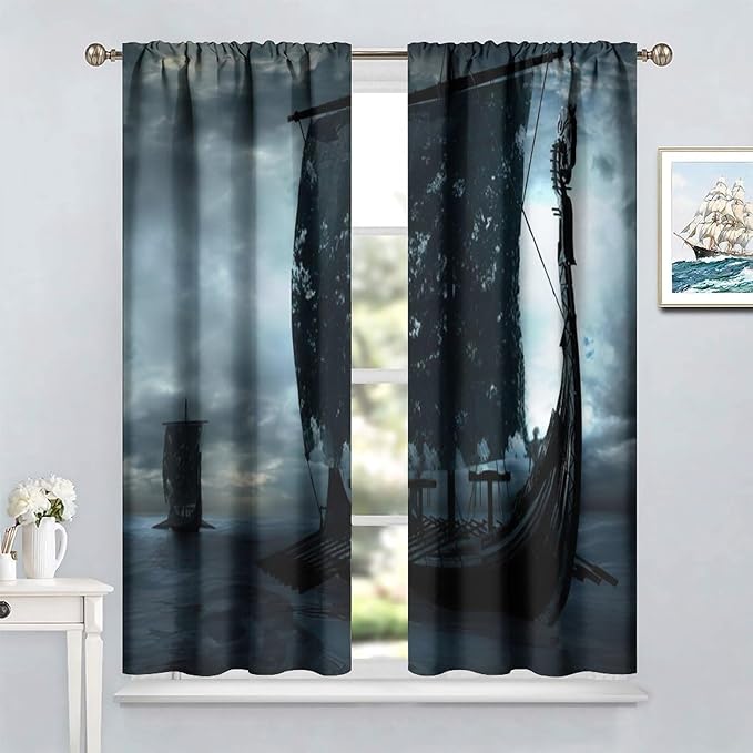 Viking Ship Curtains, Night Scene with Black Vikings Dragon Ship Sailing, Vintage Ancient Scandinavian Nautical Print Blackout Window Drapes for Boys Bedroom Living Room 84x84in