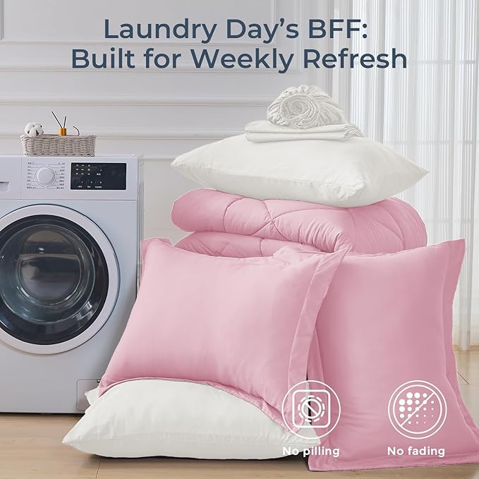 HEVUMYI Queen Comforter Set - 7-Piece All Season Bed in a Bag Queen, Ultra Soft Bedding Set with Comforter, Flat Sheet, Fitted Sheet, Pillowcases, Pillow Shams, Pink & Ivory