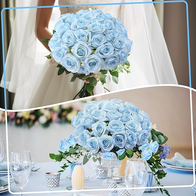 68 Pcs Ice Blue Artificial Roses Fake Flowers,Silk Flowers with Stems for DIY Wedding Bridal Shower Centerpieces Arrangements Tables Decorations