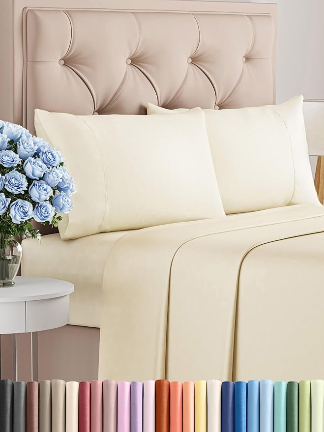 Twin 4 Piece Sheet Set - Comfy Breathable & Cooling - Ultra-Soft Hotel Luxury Bedding Set with 8-16 Inch Deep Pockets - 1 Flat & 1 Fitted Sheet & 2 Pillowcases - Wrinkle Free & Easy Care - Off White
