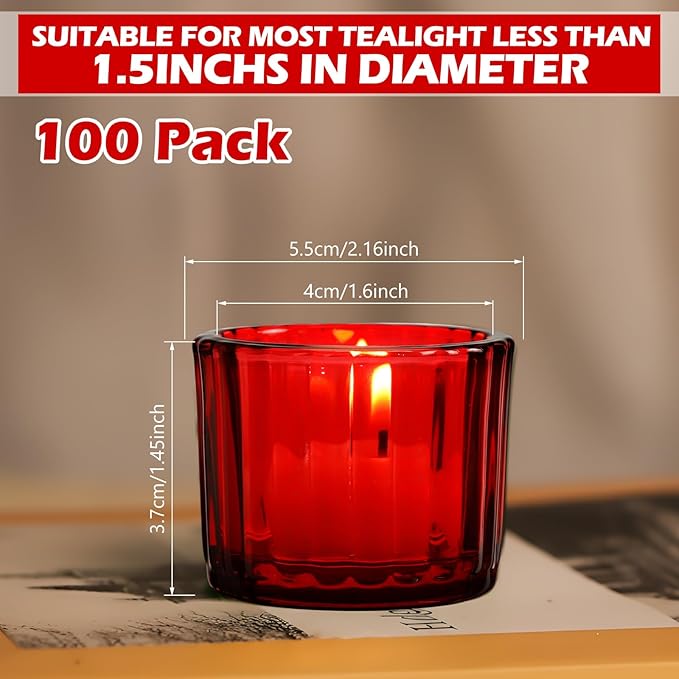 Mumufy 100 Pack Glass Tealight Candle Holder Ribbed Votive Candle Holder for Centerpiece Wedding Proposal Spa Aromatherapy Meditation Home Decor (Red)