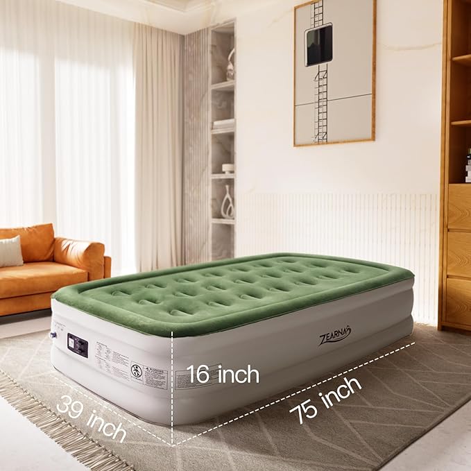 Twin Air Mattress with Built Pump, 16" Durable Blow Up Mattress Airbed, Comfortable Top Surface Inflatable Mattress for Camping Home & Portable Travel
