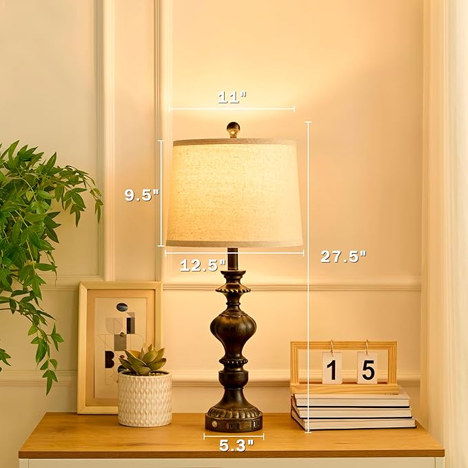 27.5" Farmhouse Table Lamps Set of 2 Bedside Lamp with USB C+A Ports & AC Outlet, 3 Way Dimmable Touch Lamps for Living Room Bedroom Office Hallway Rustic Nightstand Traditional Lamp