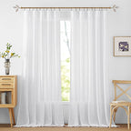 RYB HOME Sheer Linen Textured Curtains Semi Sheers Drapes Light Airy Breathable Fabric Window Decor for Patio Door Living Room Dining, White, 70 inch Width x 95 inch Length, 2 Panels