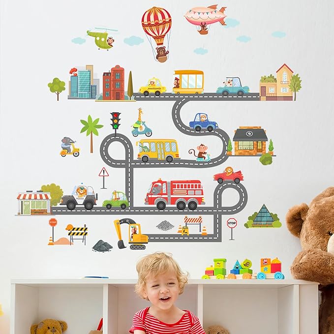 Jungle Animal Wall Stickers Forest Safari Wall Decals Kid Room Nursery Baby Bedroom Décor (Cartoon Animal Traffic)