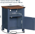 Night Stand with Charging Station and USB Port, 18 Inch Farmhouse Nightstand with Storage Shelf, Rustic Couch End Table with Magnetic Door, Wood Bed Side Tables for Bedroom, Home, Nayv Blue