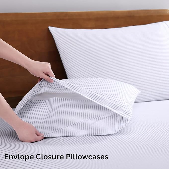 LANE LINEN 100% Organic Cotton Printed California King Sheets Set, 4-Piece All Season Fully Elasticized Deep Pocket Fits Mattress Upto 15", Mercerized Printed Cal King Sheet Set -Ticking Stripe Blue
