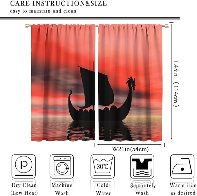 Viking Ship Curtains, Fantasy Ocean Vintage Sailboat at Sundown Nautical Themed Print Blackout Window Treatments for Boys Bedroom Living Room 42x45 Inch
