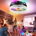 Flush Mount Ceiling Fan with Light - Small Low Profile Ceiling Fan,13" RGB Dimmable LED Bladeless Ceiling Fans, Modern Enclosed LED-RGB Ambient Light for Bedroom, Kids Room, Party