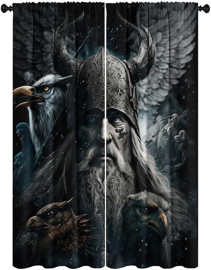 Fantasy Norse Viking Curtains,Cool Gothic Vintage Vikings Mystical Symbol Eagle Window Treatments Thermal Insulated Rod Pocket Blackout Drapes for Bedroom 2 Panels 84L x 26W