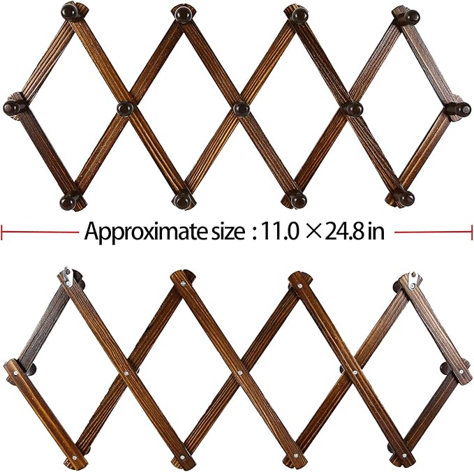 AMAPON Accordion Style Expandable Wall Wooden Coat Rack 13 Hooks (Pegs) Hang Hats Jackets Coffee Mug Purses Necklaces Towels Cap Leash Scarves Data Line Kitchenware (Walnut Color)