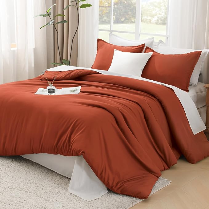 Litanika Comforter King Size Bed Set Burnt Orange, 3 Pieces Terracotta Boho Lightweight Fluffy Solid Bedding Comforter Set, Rust All Season (104x90In Comforter & 2 Pillowcases)