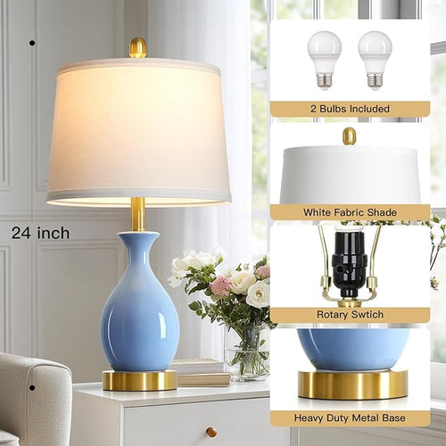 24″ Light Blue Ceramic Table Lamps Set of 2, Modern Classic Bedside Lamps for Bedroom Nightstand, Small Table Lamp for Living Room Side Table (2 LED Bulbs Included)