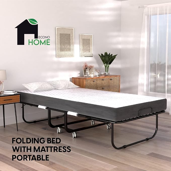 EconoHome Folding Bed with Mattress - 75x38 Twin Size Frame - Portable Rollaway Guest Bed with 5-inch Memory Foam Mattress - Space-Saving Foldable Design for Easy Storage