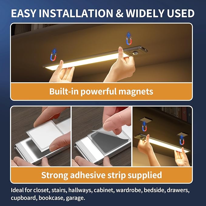 Under Cabinet Lights,88 LED Operated Motion Sensor Light Indoor,2200mAh USB Rechargeable Closet Lights, 4 Pack Magnetic Dimmable Closet Lights，Wireless Under Counter Lights for Kitchen, Stairs