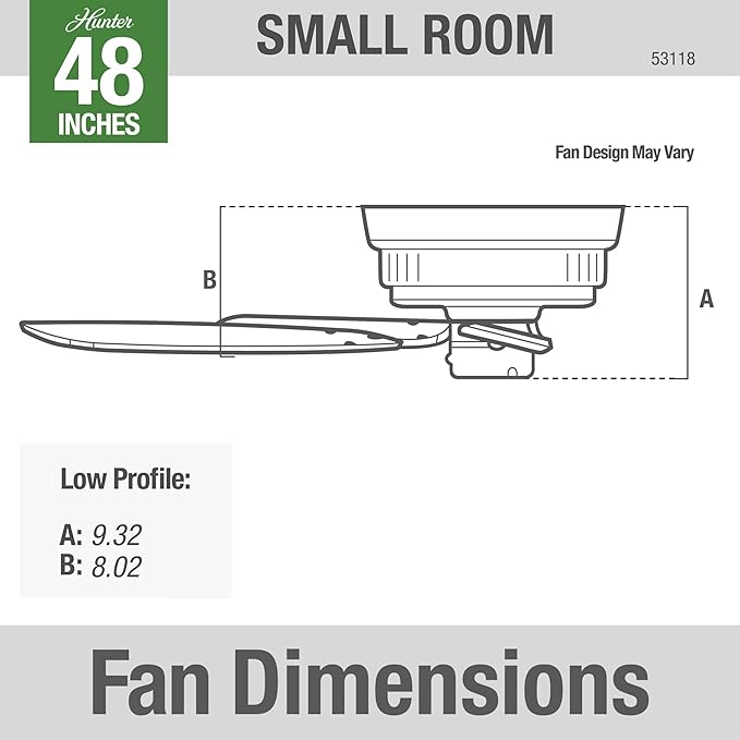 Hunter 48 inch Outdoor or Indoor Ceiling Fan No Light - Low Profile Mount, Black Ceiling Fan without Light, For Patio, Porch, Garage, or Living Room, 5 Blades, Pull Chain - Sea Wind 53118, Matte Black