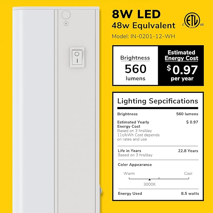 GETINLIGHT 18-inch Hardwired Only LED Under Cabinet Lighting, Soft White(3000K), Dimmable, Matte White Finished, ETL Listed, IN-0201-12-WH