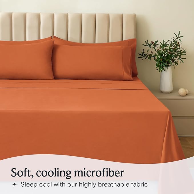 LuxClub 4 PC King Sheet Set, Deep Pockets Wrinkle Free Cooling Bed Sheets Hotel Bedding for Women, Men, Kids & Teens, Includes 1 Fitted Sheet, 1 Flat Sheet and 2 Pillowcases - Autumn Orange