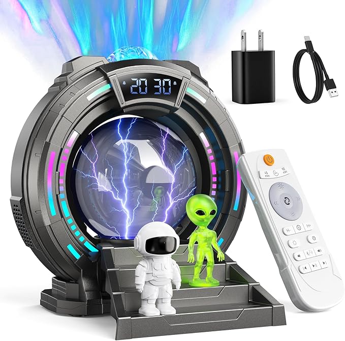 Galaxy Northern Lights Projector Plasma Ball with Charger, Night Light Aurora Projector for Kids with White Noise Alarm Clock, Christmas Gifts for Boys Teens, Kids Room Decor with Music