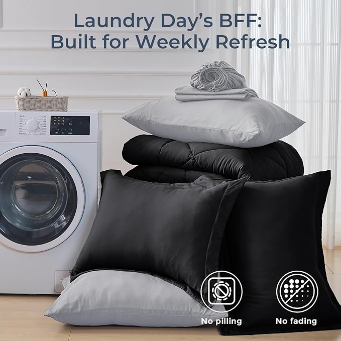 HEVUMYI 120x98 Oversized King Comforter Set - 7-Piece All Season Bed in a Bag Oversized King, Ultra Soft Bedding Set with 120 x 98 Comforter, Flat Sheet, Fitted Sheet, Pillowcases, Black & Light Grey