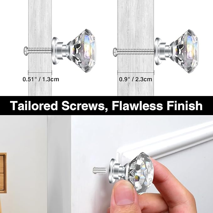 POZEAN Crystal Cabinet Knobs 30Pack, 1.18inch Dresser Knobs for Cabinet, Drawer with Two Different Sizes Screws, Diamond Glass Pulls Handles (30mm, 30Pack, Clear-Silver)