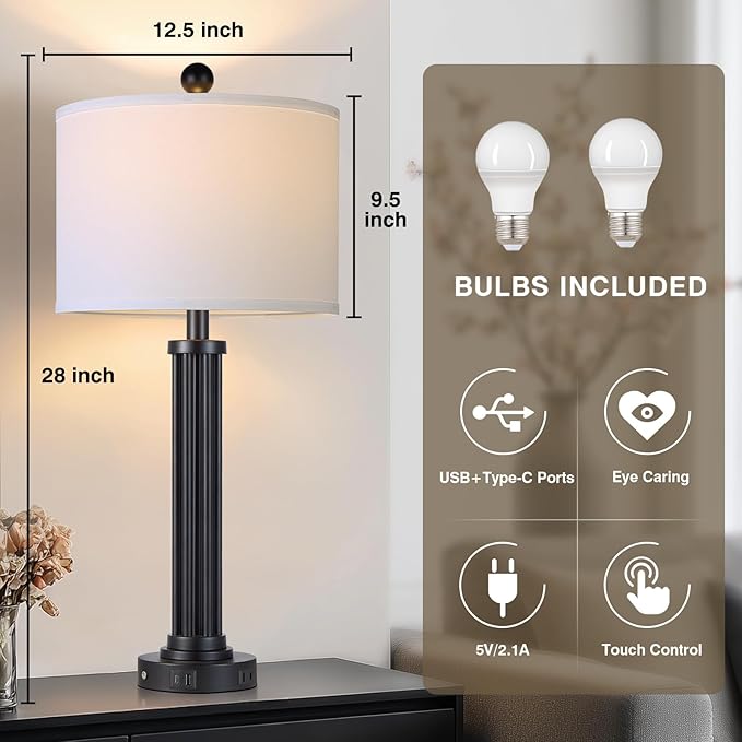 28" Tall Modern Table Lamps Set of 2 with USB C+A Ports and AC Outlet, 3 Way Touch Metal Bedside Lamps for Living Room, Black Nightstand Lamps for Bedroom