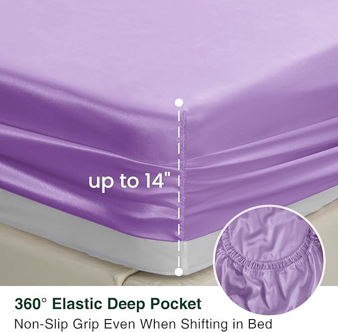 Love's cabin Satin Queen Sheets Set - 4 Piece Lavender Silky Bed Sheets with Deep Pocket, Luxury Silk Feel Satin Queen Size Sheet Set (1 Flat Sheet,1 Fitted Sheet,2 Pillow Cases)