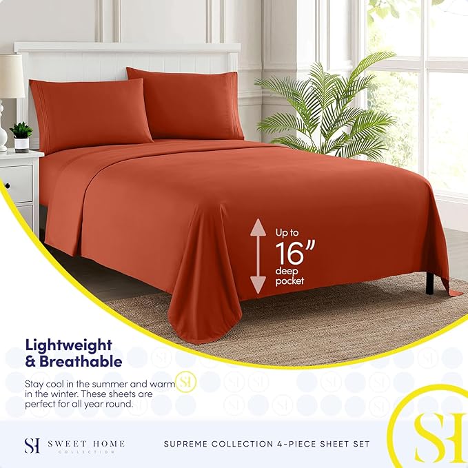 Twin Sheets - Breathable Luxury Sheets with Full Elastic & Secure Corner Straps Built In - 1800 Supreme Collection Extra Soft Deep Pocket Bedding Set, Sheet Set, Twin, Rust