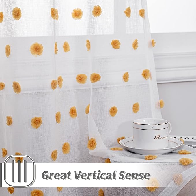 MYSKY HOME Living Room Curtains 2 Panels 95Inch Orang White Sheer Curtains for Bedroom Windows Light Filtering Semi Cute Pom Pom Curtains Sliding Door Extra Long Rod Pocket Backdrop 52" x 95"