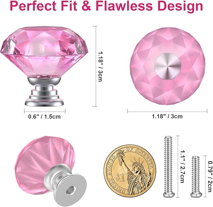 POZEAN Crystal Drawer Knobs 30 Pack, 1.18 inch Glass Knobs for Cabinet, Dresser with Two Different Sizes Screws, Diamond Pulls Handles (30mm, 30Pack, Pink-Silver)