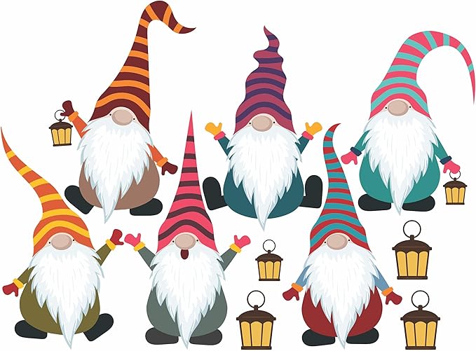 6 psc, 5.5-Inch Christmas Elf Window Cling. Colorful Nordic Christmas Gnome Decal Decoration. Reusable, No Adhesive, Window, Glass Scandinavian Holiday Decor. Made in America. (Small 5.5", Set of 6)