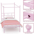 Weehom Twin Canopy Bed Frame with Headboard and Footboard, 4 Posters Metal Bed Frame, No Box Spring Needed, Mattress Foundation Platform Bed for Kids and Adults, Pink