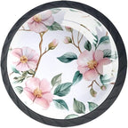 4 Pack 1.37" Dresser Drawer Knobs, Round Crystal Glass Cabinet Pulls with Screws for Kitchen, Bathroom, Nursery Nursery Kids Room (Pink Flowers with Green Leaves Branches)