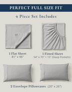 LANE LINEN 100% Organic Cotton Eco Friendly Full Size Sheet & Pillowcase Sets, 15" Deep Pocket Fully Elasticized Soft & Comfy Percale Bedding, Naturally Temperature Regulating Sheets Full- Silver