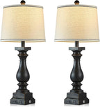 28" Tall Farmhouse Table Lamps Set of 2 with USB C+A Ports and AC Outlet, 3 Way Touch Control Rustic Bedside Lamp for Bedroom, Black Vintage Nightstand Lamp for Living Room Office